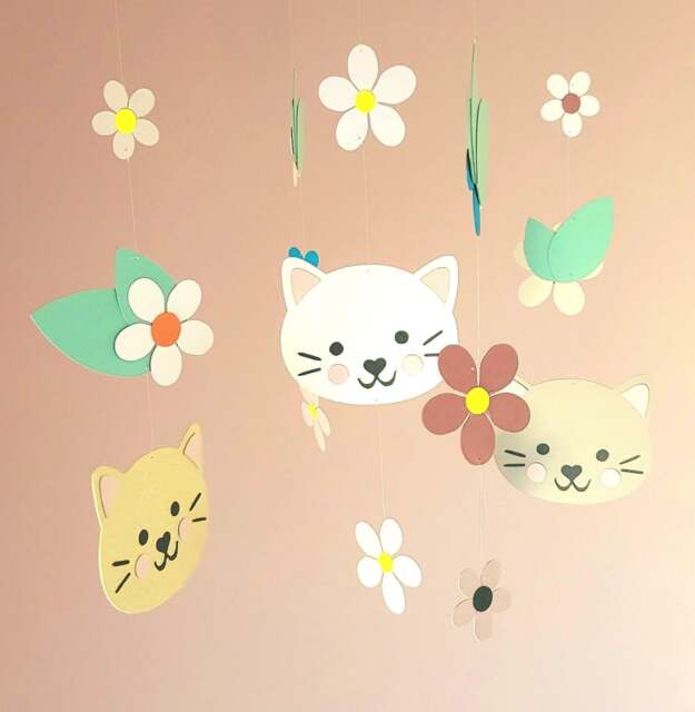 Baby Mobile With Kawaii Cats & Country Flowers - Eco-Friendly Birth Gift Made From Recycled Paper - image 1