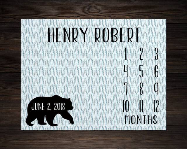 Bear Baby Milestone Blanket, Monthly Growth Tracker, Personalized Custom Shower Gift, New Boy - image 1