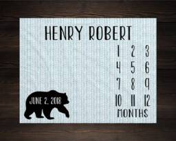 Bear Baby Milestone Blanket, Monthly Growth Tracker, Personalized Custom Shower Gift, New Boy