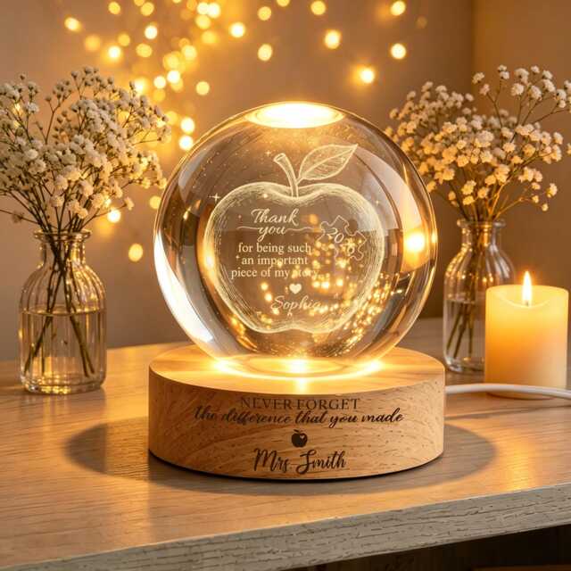 Custom Teacher Appreciation Crystal Ball Night Light, Apple Led Light Gift, Personalized Thank You Gift, End Of Year Gift - image 1