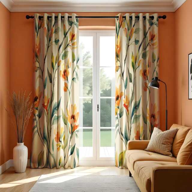 Bright Floral Watercolor Curtain, Yellow&orange Flowers With Green Leaves Drape, Fresh & Cheerful Window Treatment, Custom Size Available - image 1