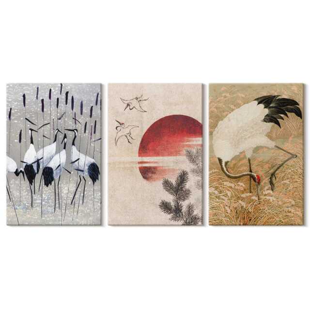 Set Of 3 Canvas Prints - Japanese Crane Illustrations Landscape Japandi, Beige Wall Art, Artwork Decor - image 1