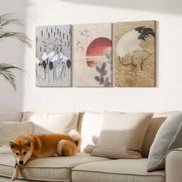 Set Of 3 Canvas Prints - Japanese Crane Illustrations Landscape Japandi, Beige Wall Art, Artwork Decor - thumbnail 3