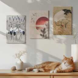 Set Of 3 Canvas Prints - Japanese Crane Illustrations Landscape Japandi, Beige Wall Art, Artwork Decor - thumbnail 2