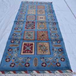 3??7 Ft Blue Hallway Rug, Handwoven Afghan Wool Runner Traditional Tribal Carpet - thumbnail 2