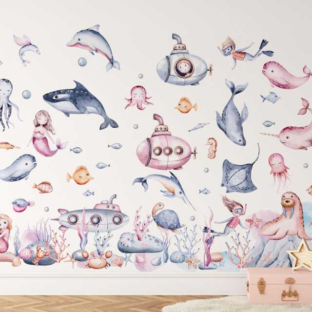 Pink Sea Animals Wall Decals Peel & Stick Nursery Decor - image 1