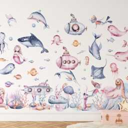 Pink Sea Animals Wall Decals Peel & Stick Nursery Decor - thumbnail 1