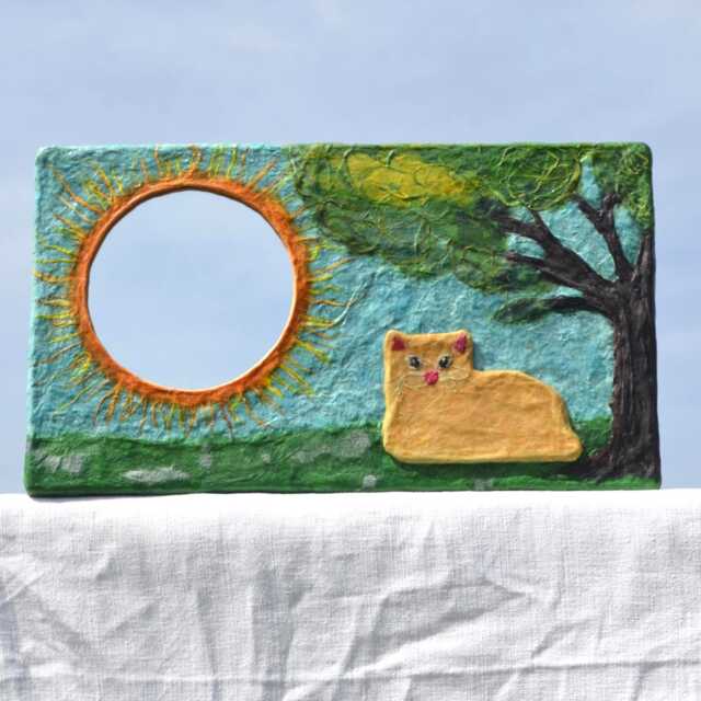 Ginger Kitten Mirror Decorative Wall Mirror, Orange Sunburst Mirror With Cat Sitting Under The Tree, Lovers Gift, Furniture, Mirrors - image 1