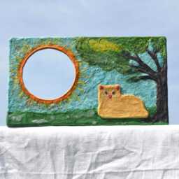 Ginger Kitten Mirror Decorative Wall Mirror, Orange Sunburst Mirror With Cat Sitting Under The Tree, Lovers Gift, Furniture, Mirrors - thumbnail 1