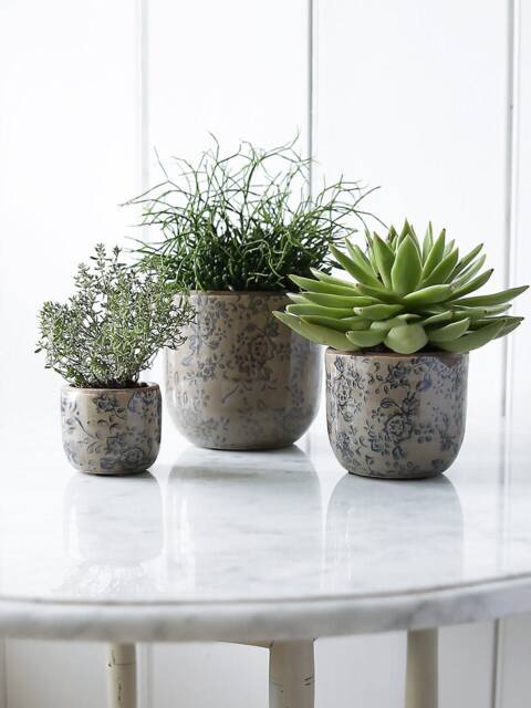 Grey & Blue Round Floral Pot