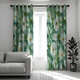 Teal Floral Print Curtains, Watercolor White Flower Drapes, Botanical Window Panels, Custom Made To Measure Curtains - thumbnail 3