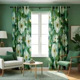 Teal Floral Print Curtains, Watercolor White Flower Drapes, Botanical Window Panels, Custom Made To Measure Curtains