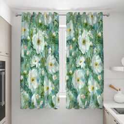 Teal Floral Print Curtains, Watercolor White Flower Drapes, Botanical Window Panels, Custom Made To Measure Curtains - thumbnail 2
