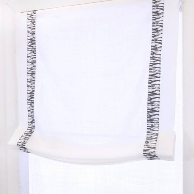 White Linen Flat Relaxed Roman Shades With Animal Print Trim, Cl1010 - image 1