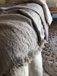 Linen Bed Cover, Rustic Linen, Blanket With Fringes, Linen Throw, Rustic Natural Covers, , Burlap Bedding - thumbnail 1
