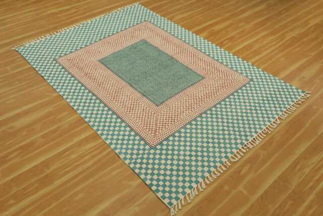 Teal Brown Cotton Kilim Rug, Hand Block Print Area - image 1