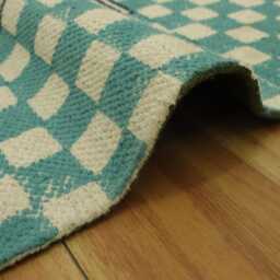 Teal Brown Cotton Kilim Rug, Hand Block Print Area - thumbnail 2