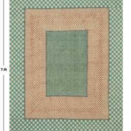 Teal Brown Cotton Kilim Rug, Hand Block Print Area - thumbnail 3