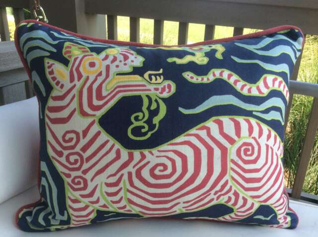 Clarence House Tibet Dragon Pillow Cover Navy Linen, Raspberry Cord - image 1