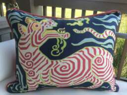 Clarence House Tibet Dragon Pillow Cover Navy Linen, Raspberry Cord - thumbnail 1