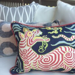 Clarence House Tibet Dragon Pillow Cover Navy Linen, Raspberry Cord - thumbnail 2