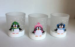Penguin Votive Candle Holders - Hand Painted Frosted Glass Set Of 3
