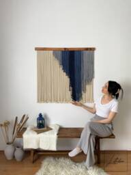 Navy Blue Macrame Wall Hanging, Layered Abstract Yarn Tapestry, Coastal Textile Decor