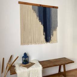 Navy Blue Macrame Wall Hanging, Layered Abstract Yarn Tapestry, Coastal Textile Decor - thumbnail 3
