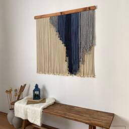 Navy Blue Macrame Wall Hanging, Layered Abstract Yarn Tapestry, Coastal Textile Decor - thumbnail 2