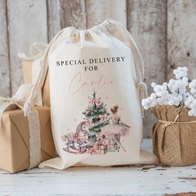 Personalised Large Santa Christmas Sack For Girls , Xmas Toy Sack With Name & Sugerplum Fairy, Personalised Stocking , Christmas Gift - image 1