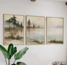 Forest Lake Trio, Misty Landscape Wall Art Set - thumbnail 1