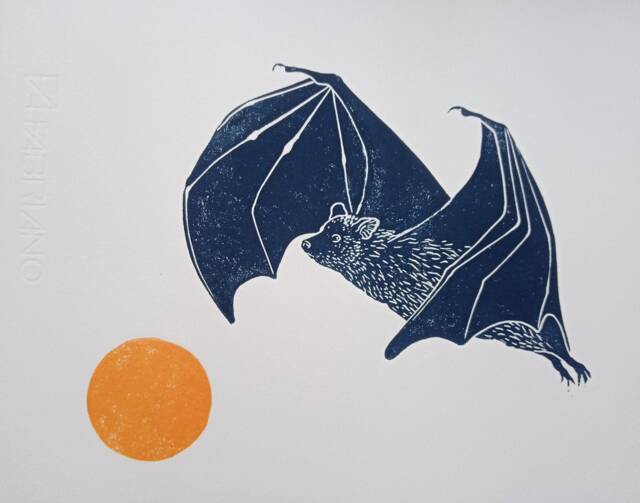 Linocut Print Bat Hunting - Original Art Print, Nature Wall Art, Limited Edition - image 1