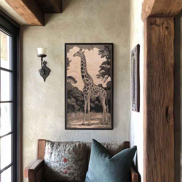 Giraffe Engraved Birch Wood Panel - Block Print Inspired African Animal Wall Art, Nature Lover Illustration Print, Adventure Home Decor Gift - image 1