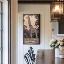 Giraffe Engraved Birch Wood Panel - Block Print Inspired African Animal Wall Art, Nature Lover Illustration Print, Adventure Home Decor Gift - thumbnail 2