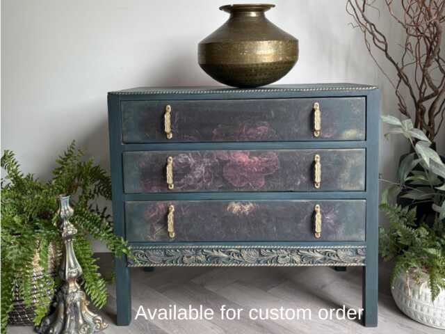 Dark Green & Floral Vintage Oak Chest Of Drawers