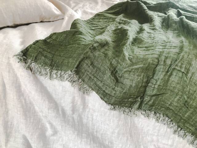 Softened Linen Double Sided Throw Blanket in Moss Green With Fringes/Double Bed Runner Forest - image 1