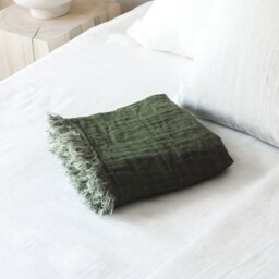 Softened Linen Double Sided Throw Blanket in Moss Green With Fringes/Double Bed Runner Forest - thumbnail 2