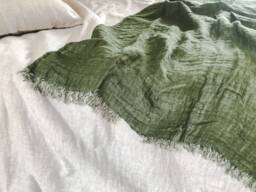 Softened Linen Double Sided Throw Blanket in Moss Green With Fringes/Double Bed Runner Forest - thumbnail 1