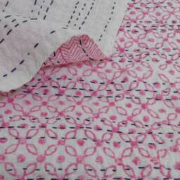 Handmade Cotton Kantha Quilt, Indian Bedspread Throw - thumbnail 3