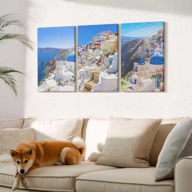 Canvas Set Of 3 Wall Art - Landscape Architecture Views The City Oia Santorini Greece, Blue Canvas, Travels Decor - image 1