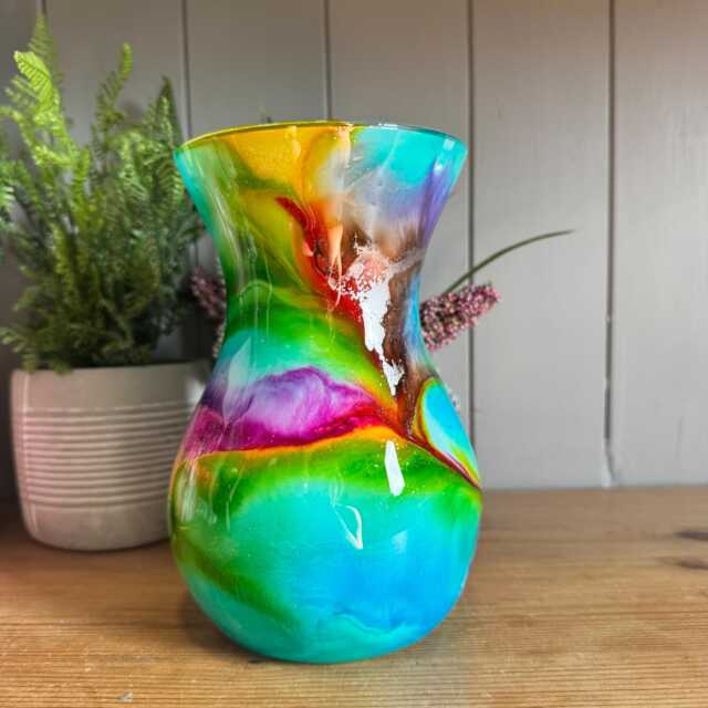Hand Decorated 18cm Tall Vibrant Rainbow Glass Vase Gold Copper Or Silver Finish - image 1