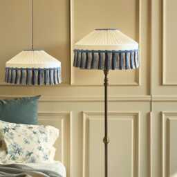 Handmade Dupioni Silk Lampshade Pleated Ivory Shade With Blue Taupe Fringe - thumbnail 3