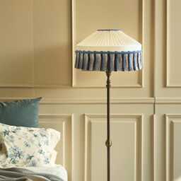 Handmade Dupioni Silk Lampshade Pleated Ivory Shade With Blue Taupe Fringe - thumbnail 2