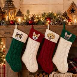 Custom Dog Cat Portrait Embroidered Knit Stocking, Pet Memorial Holiday Gift, Mom Decor, Personalized Christmas Stocking
