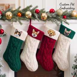 Custom Dog Cat Portrait Embroidered Knit Stocking, Pet Memorial Holiday Gift, Mom Decor, Personalized Christmas Stocking - thumbnail 2