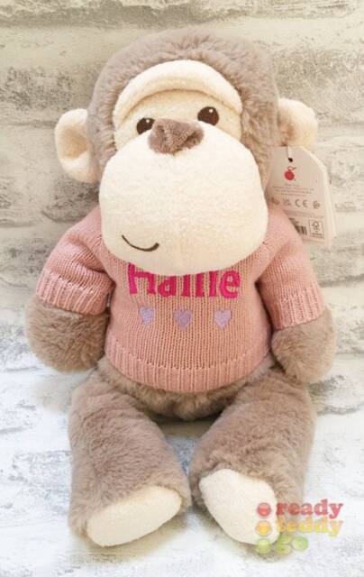 Personalised Baby Gift Keel Eco Recycled Monkey Teddy Bear 9 Inch Knitted Jumper Embroidered With A Name/Text Newborn Boy Girl - image 1