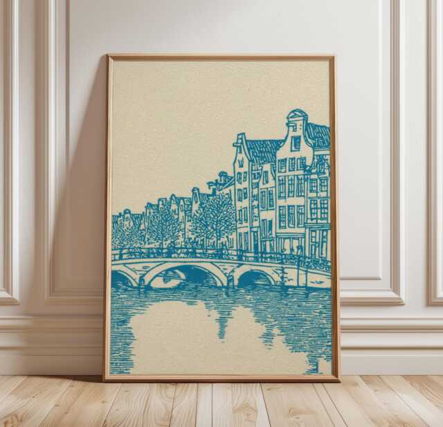 Amsterdam Canal Poster - Blue Line Art Cityscape Dutch Architecture & Bridge Urban Wall - image 1