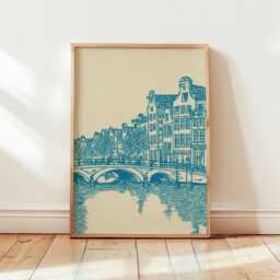 Amsterdam Canal Poster - Blue Line Art Cityscape Dutch Architecture & Bridge Urban Wall - thumbnail 3
