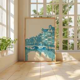 Amsterdam Canal Poster - Blue Line Art Cityscape Dutch Architecture & Bridge Urban Wall - thumbnail 2