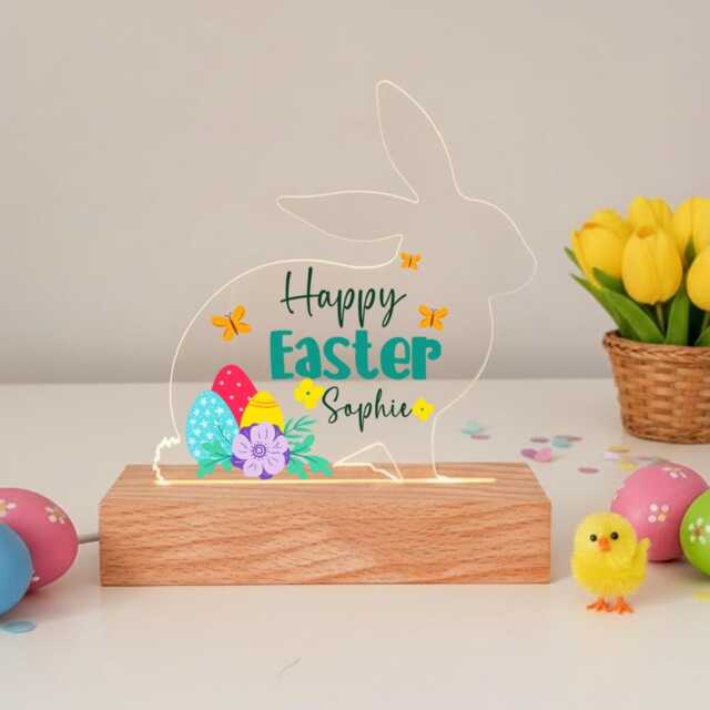 Happy Easter Bunny Led Acrylic Night Light Plaque - Personalised Gift For Baby Or Child Basket - image 1